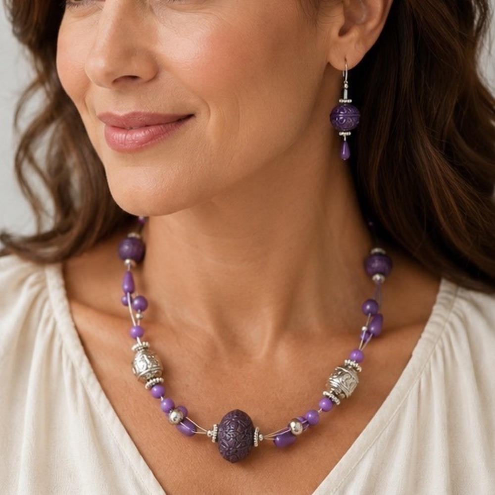 Beaded Jewelry Set Purple Boho Carved Resin Multi Strand Necklace Drop Earrings - Picture 5 of 7